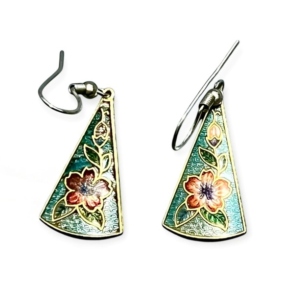 Vintage Late 20th-Century Cloisonné Triangle Drop Earrings - Picture 3 of 4